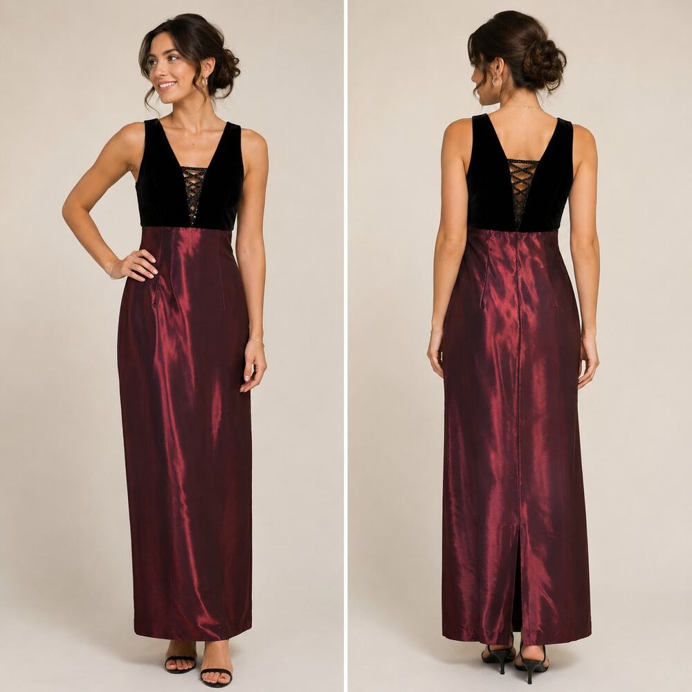 Vintage Jessica McClintock Gunne Sax 80s Velvet Satin Gown Lace Up Dress 7/8